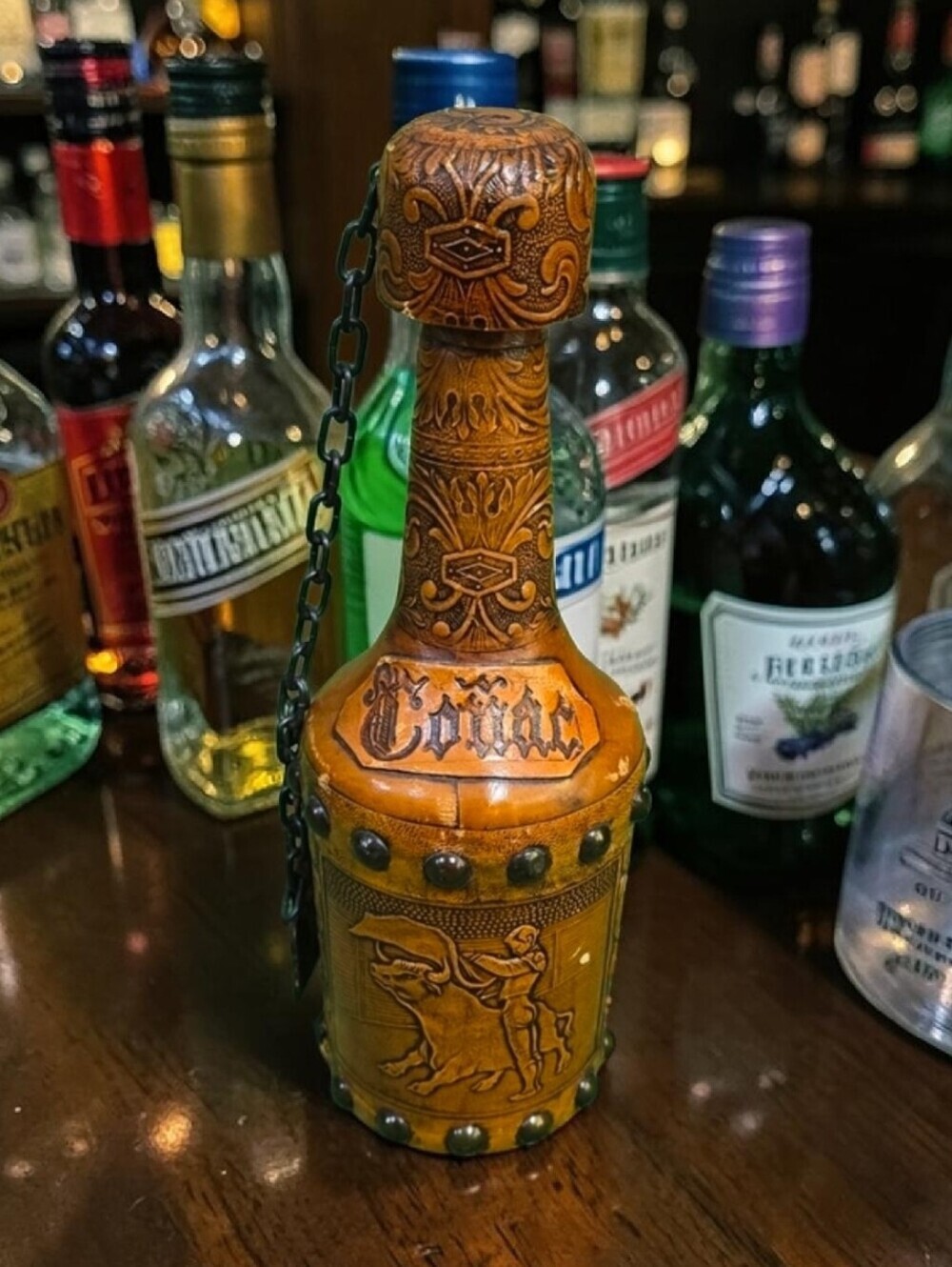 Vintage Handtooled Spanish Leather Glass Conac Decanter w Cork Plug Chain Tassel